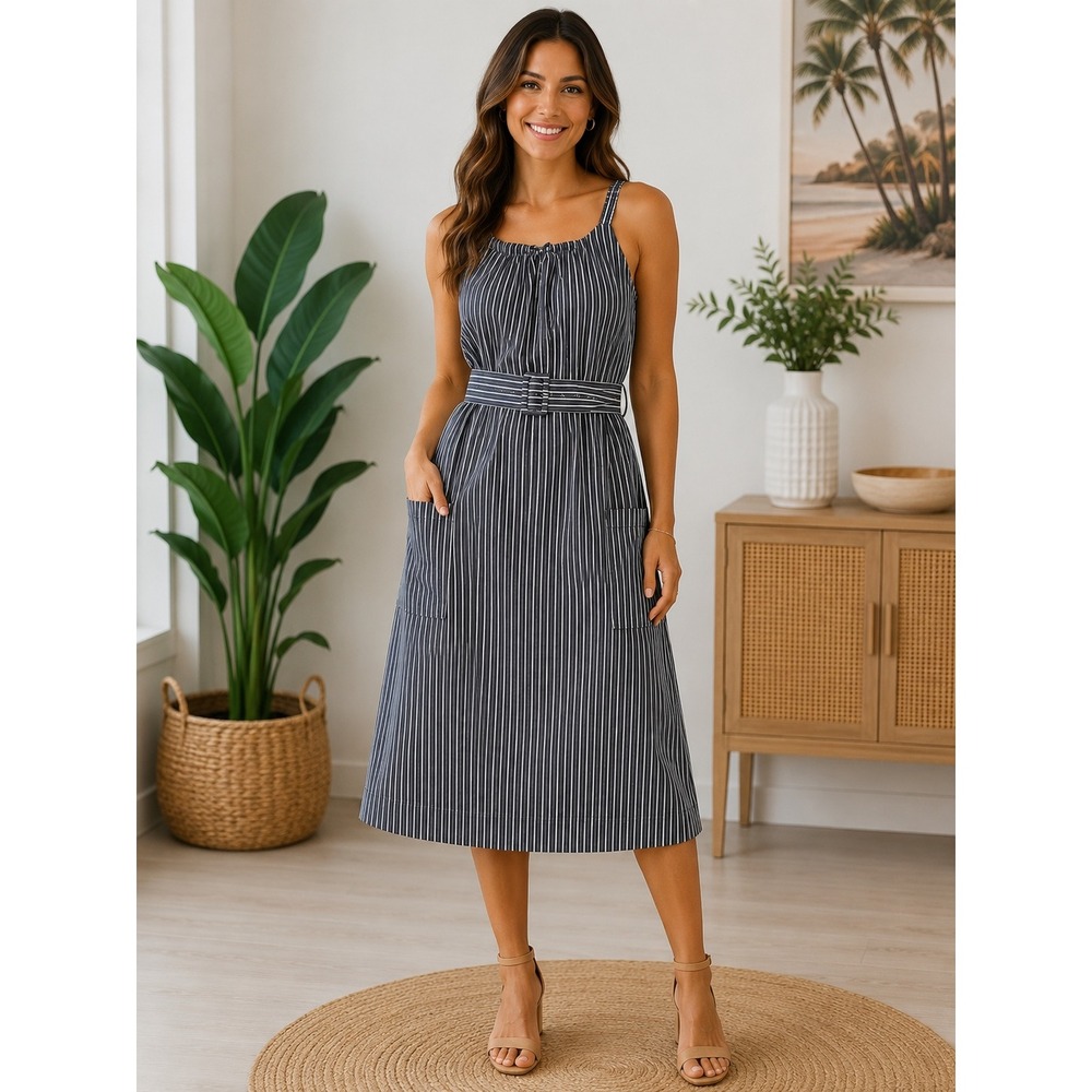 Free Assembly Navy Blue White Striped Cotton Midi Dress Belted Pockets XS 0-2